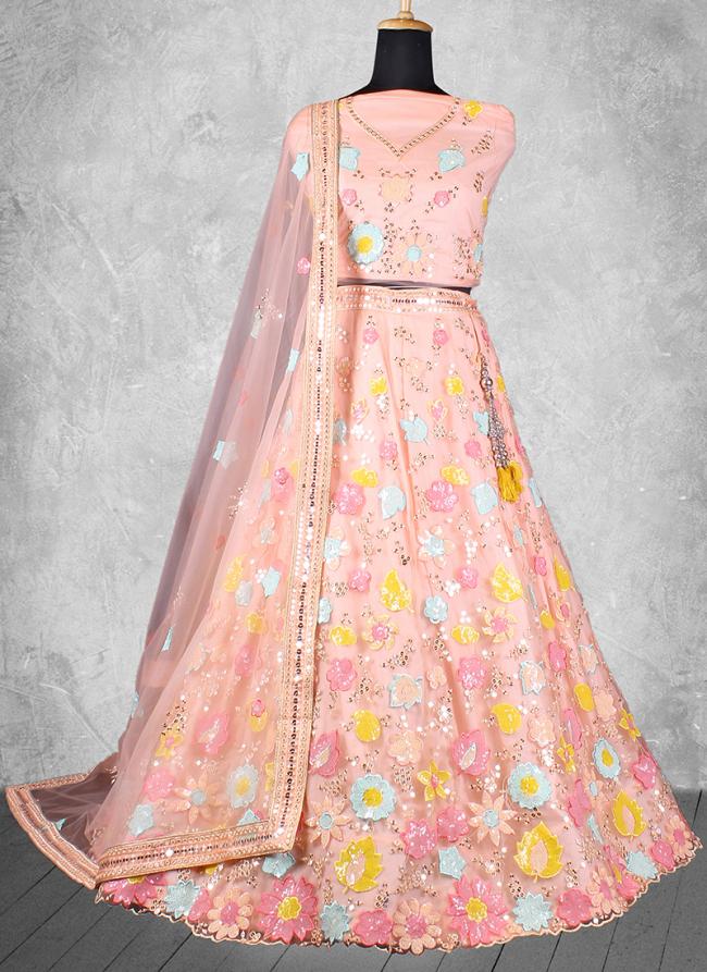 Net Peach Wedding Wear Sequins Work Lehenga Choli